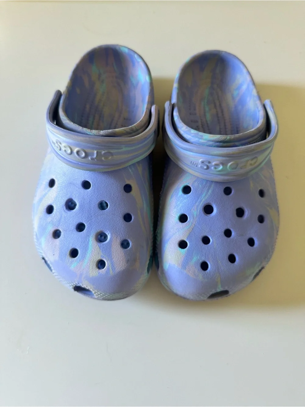 CROCS Kids size 1 Blueish Purple Swirl Foam Clogs